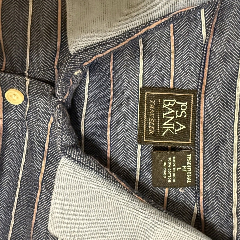 Jos A Bank Traveler Mens Large Blue Striped Herringbone Cotton Polo Shirt L - Picture 3 of 5